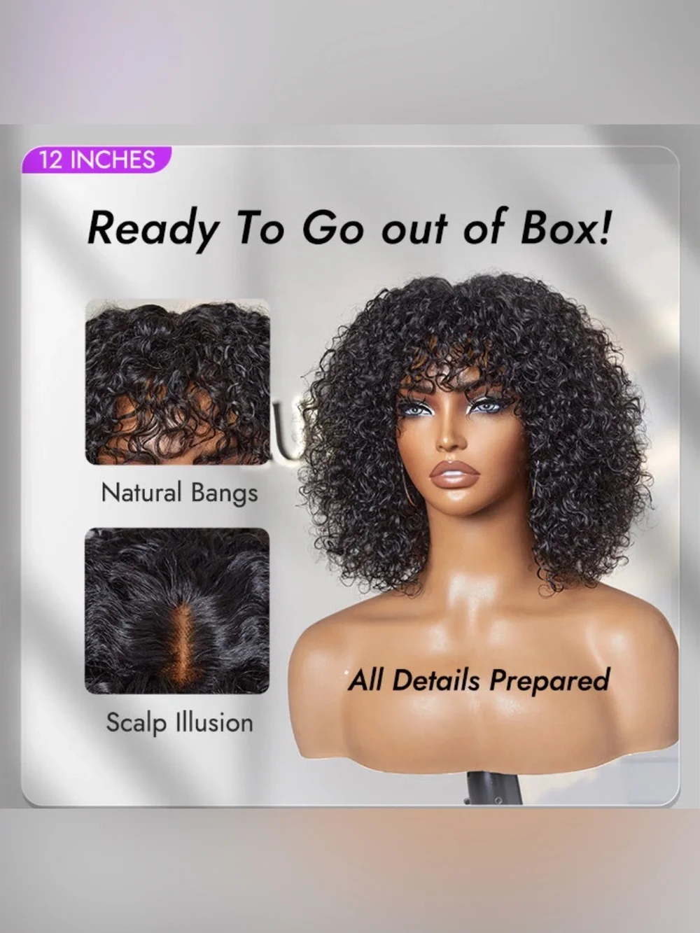 Natural Black 12” Curly Short Wig - 150 density with Fringe-Worn a few times💜